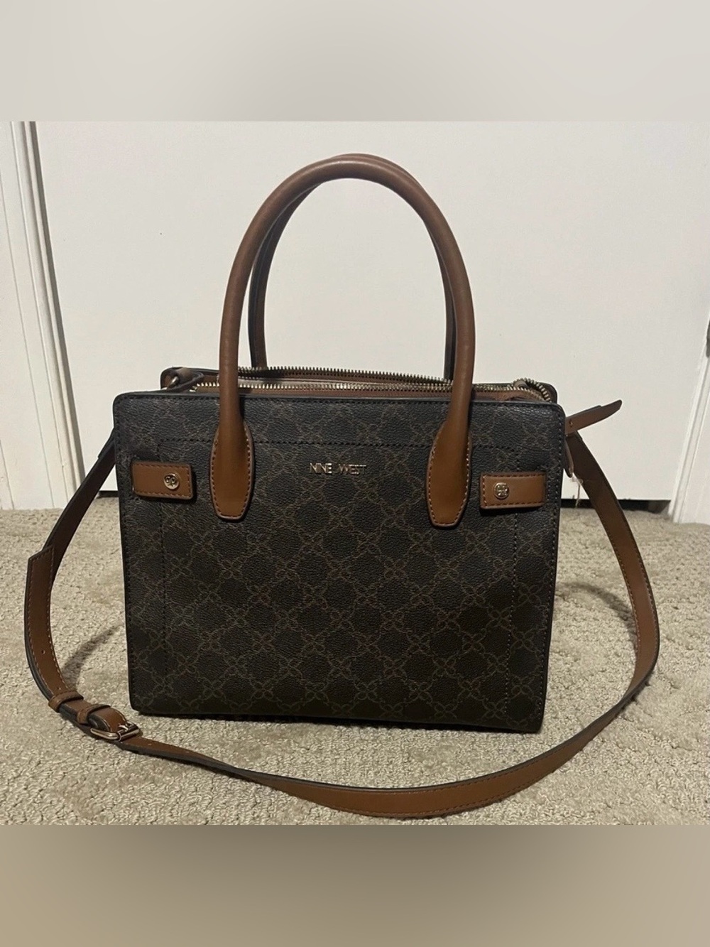 Nine West Dark Brown Monogram Satchel with Tan Handles